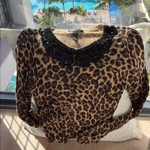 VINTAGE LEOPARD PRINT CARDIGAN ANGORA JEWELED BEADED COLLAR 🐆